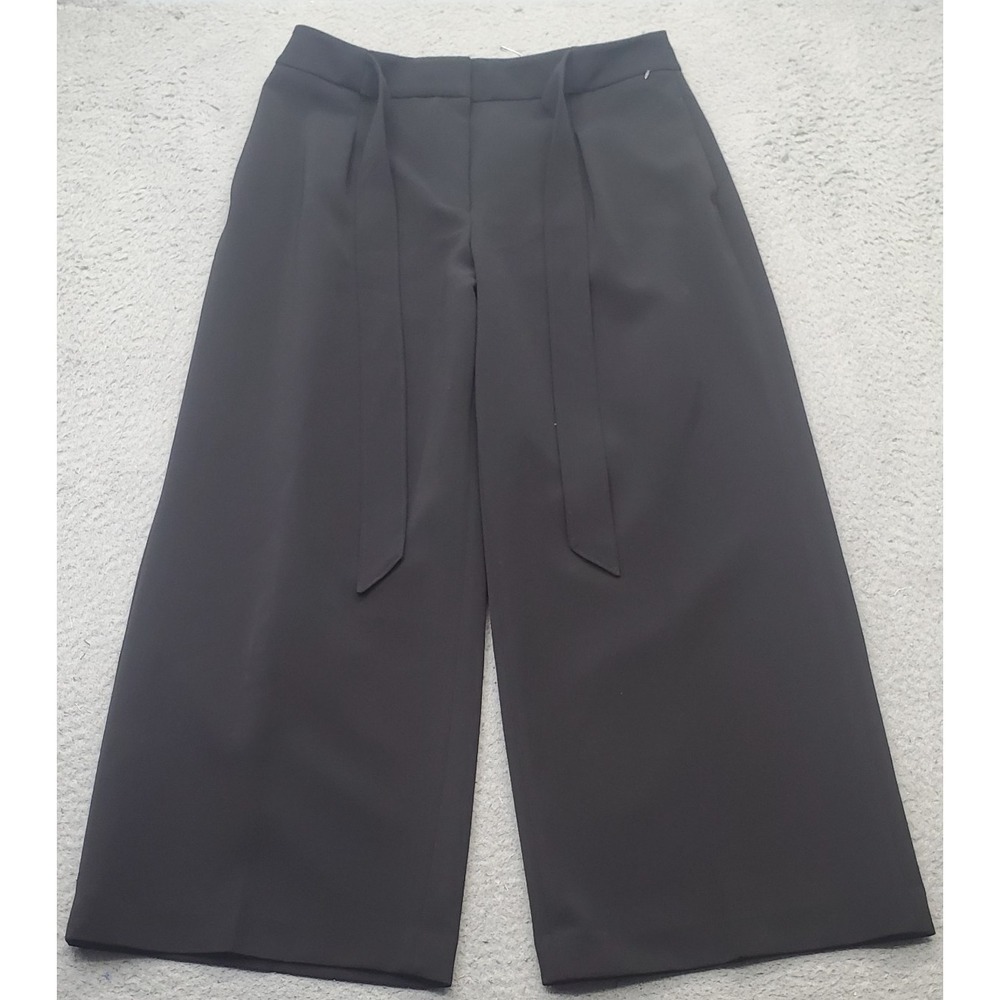 WIDE LEG Cropped Pants Womens 10 Black Stretch Classic Fit Pleated Tie Waist